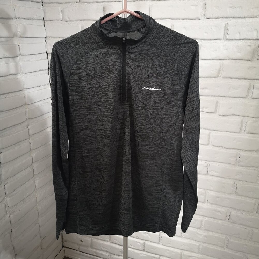 Eddie Bauer Men's Size Small Grey w/ Black Freedry 1/4 Zip Long Sleeves Polo